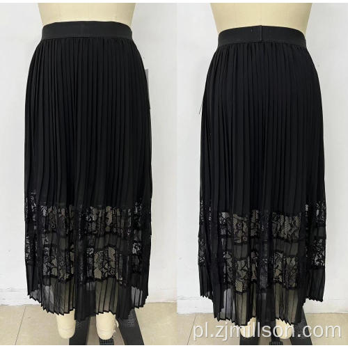 Czarny kolor elastyczny w talii koronkowy design flunowany spódnica
